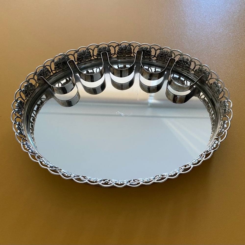Vintage Mirror Vanity Tray Gold Filigree With Lipstick Holder